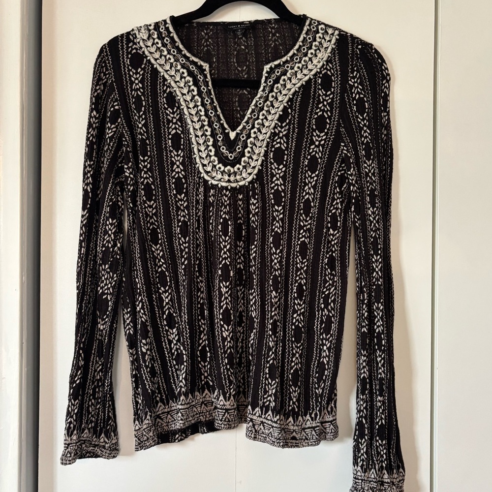 Lucky Brand Black & White Boho Embroidered Long Sleeve Top